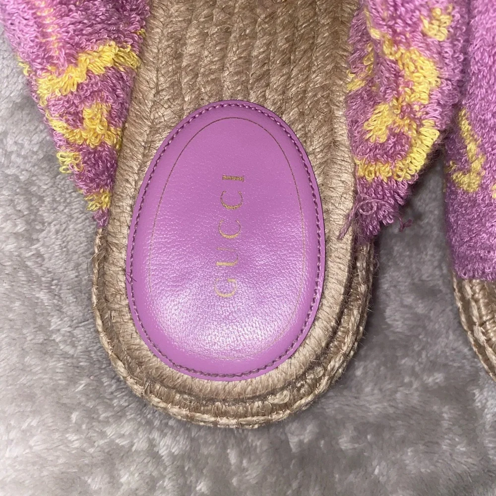Gucci Pink & Yellow Terry Crossband Espadrille Slides - Picture 4 of 4